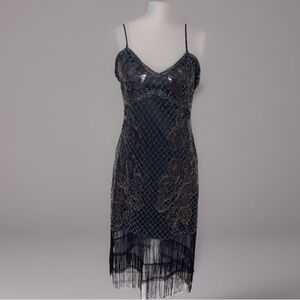 Vintage Flapper Black Beaded Fringe Dress | Size 8